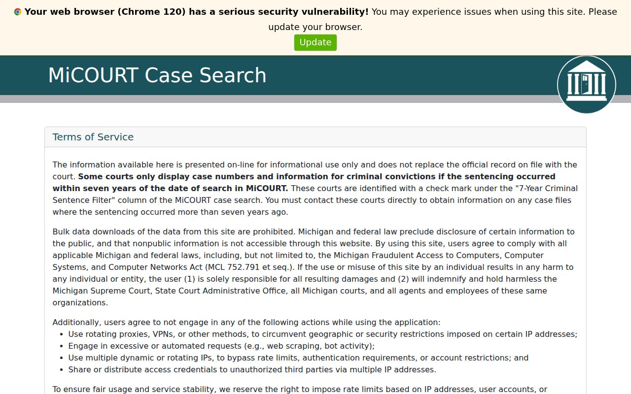 Genesee County residents directory MiCOURT case-search screen