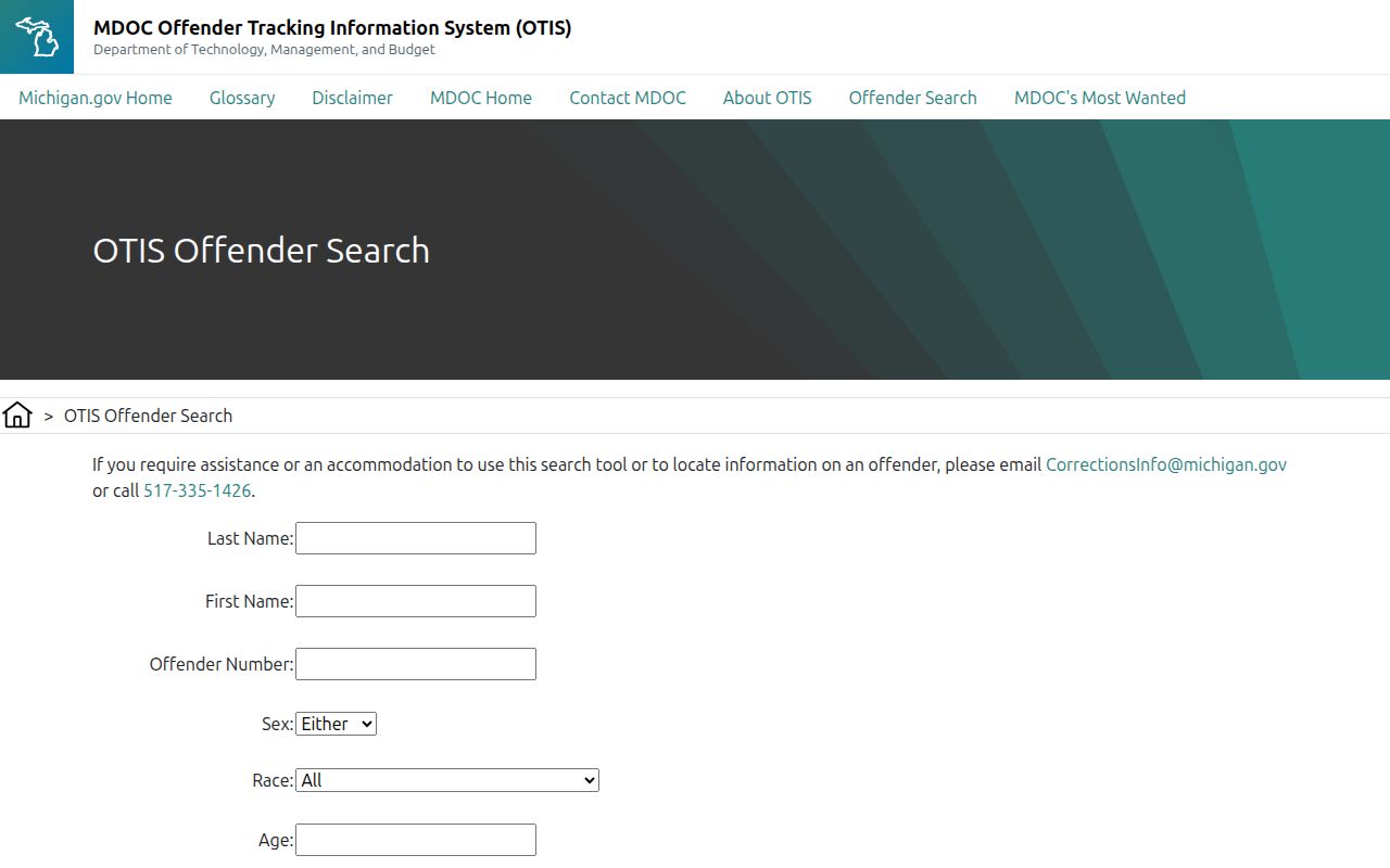 Genesee County resident lookup view of Michigan OTIS search fields